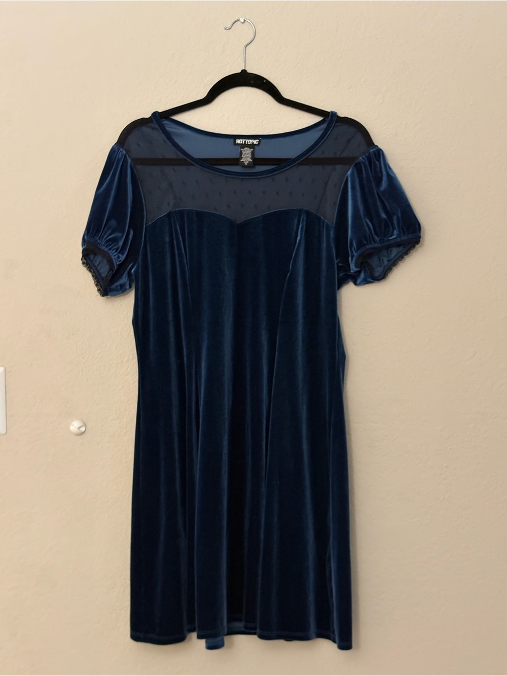 Hot Topic Deep Blue Velvet Mesh Yoke Mini Dress
